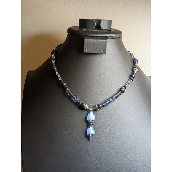 Blue Fused Glass Dangle Gold Stone Crystal Beaded 18" Necklace W/ Toggle Clasp - Picture 7 of 7